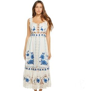 FARM Rio Off-White Richelieu Sunflower Embroidered Midi Dress Size XS NWT